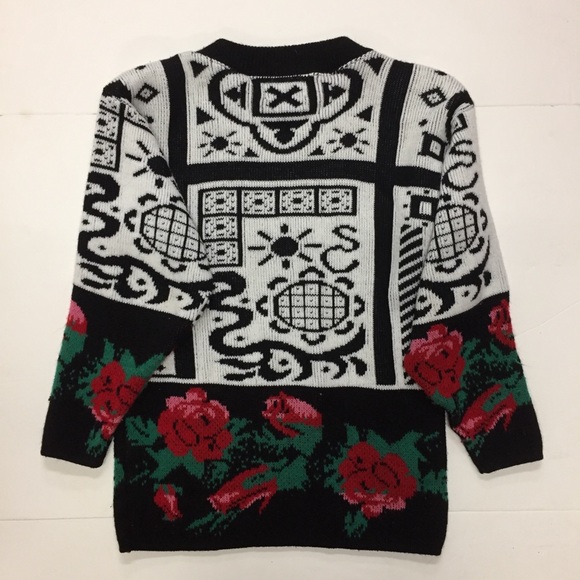 Vintage 80's Looking Good Knits LTD. Black White & Red Rose Floral Sweat… - Picture 2 of 9